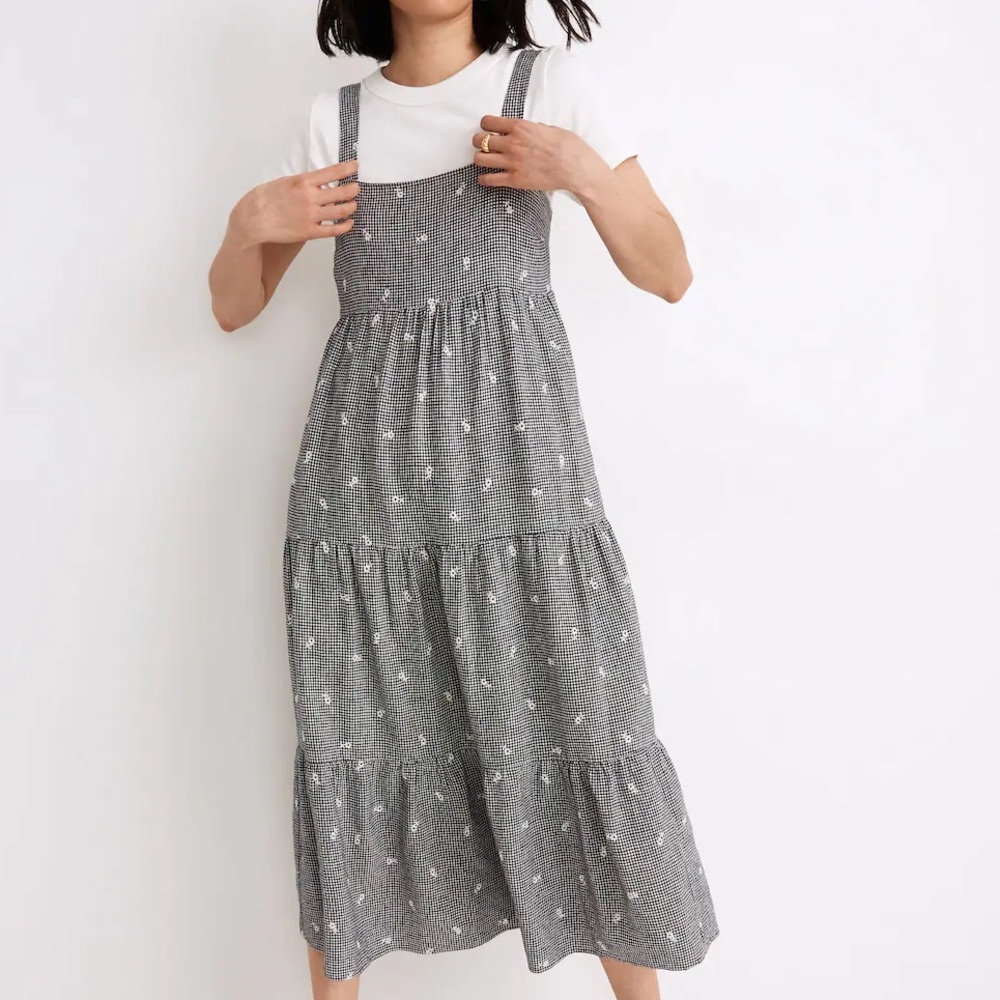 Madewell Embroidered Tiered Midi Dress in Gingham Check